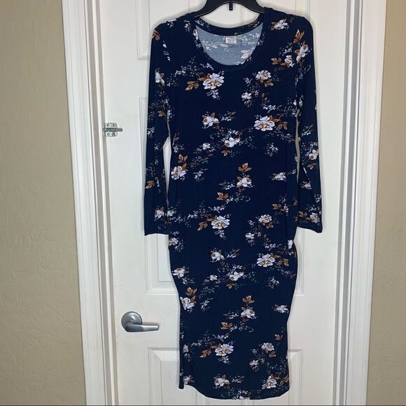 Time And Tru Women's Navy Blue Floral Print Semi-Fitted Maternity Dress Size M - Picture 4 of 12